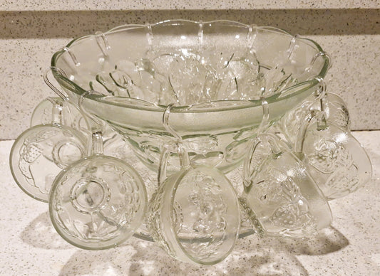 Vintage Pressed Glass Punch Bowl Set: 12 Glasses, Mid-Century Cocktail Party, Christmas Party