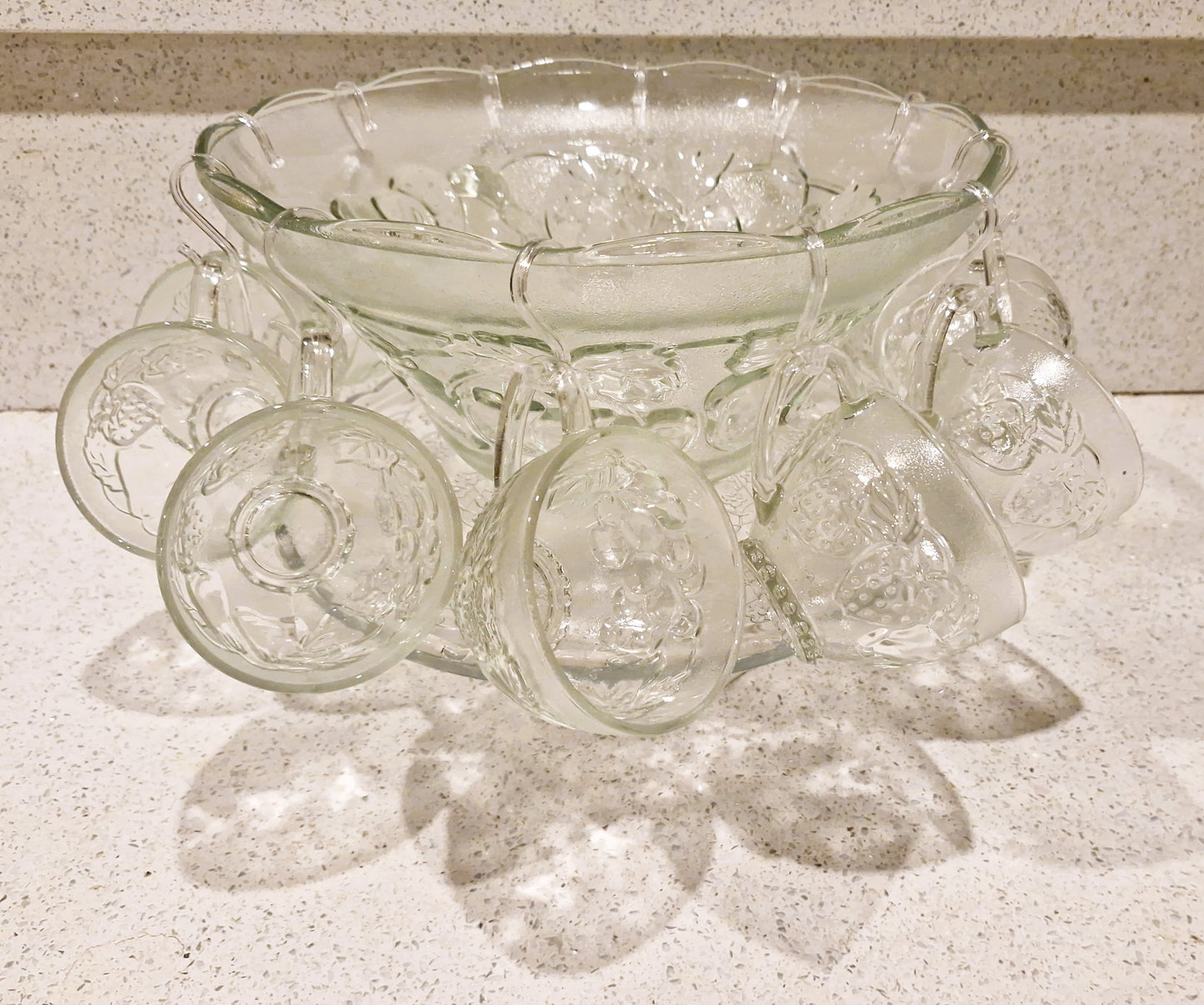 Vintage Pressed Glass Punch Bowl Set: 12 Glasses, Mid-Century Cocktail Party, Christmas Party