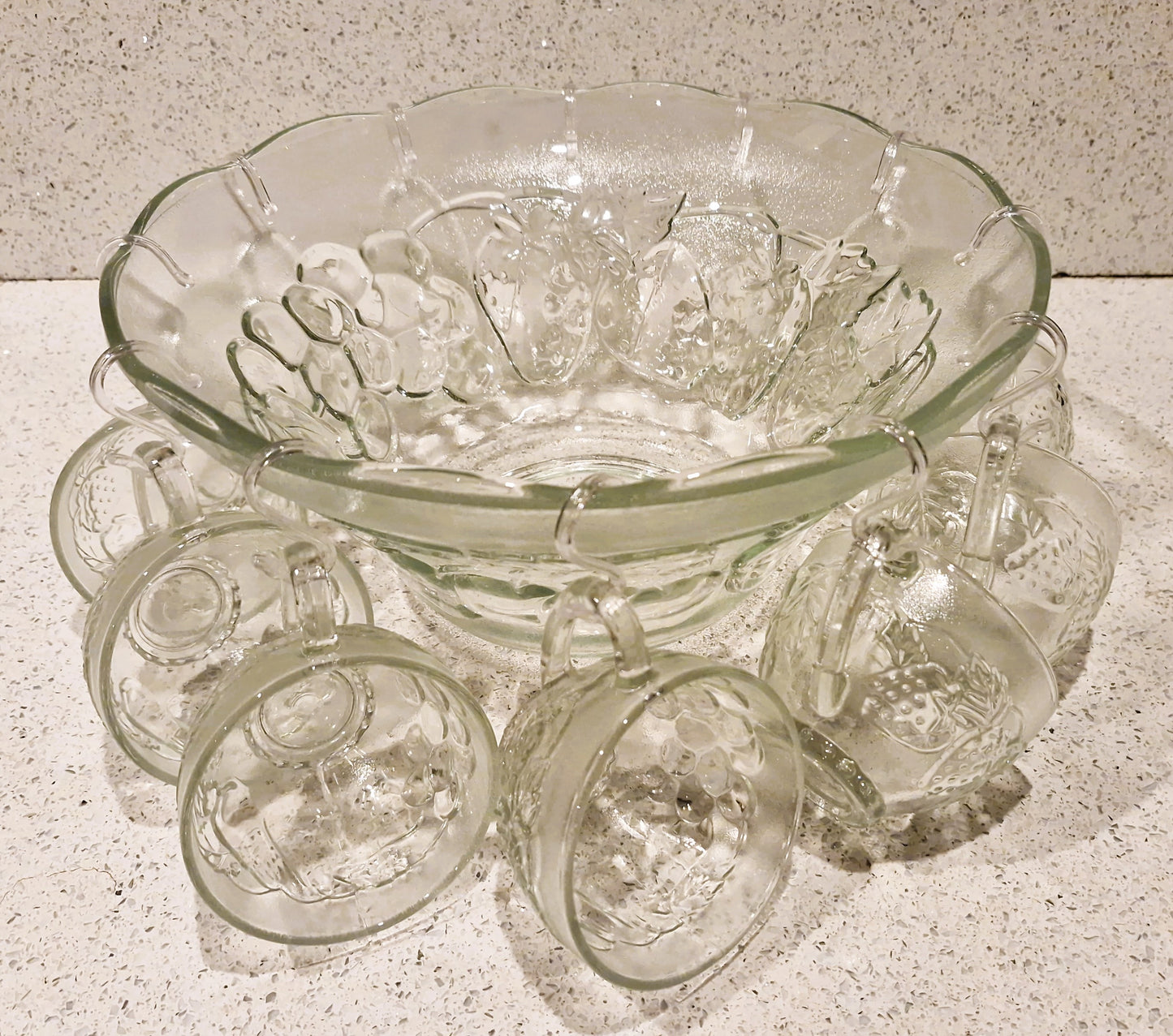 Vintage Pressed Glass Punch Bowl Set: 12 Glasses, Mid-Century Cocktail Party, Christmas Party