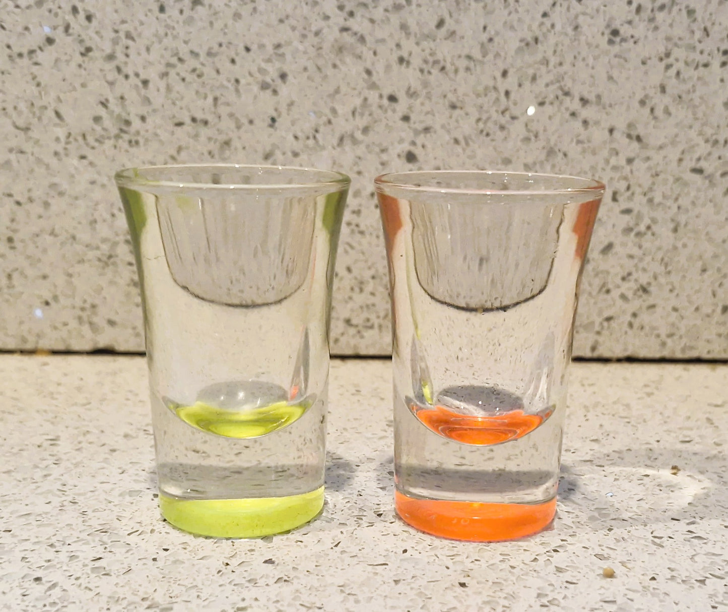 Vintage  Illuminous Orange and Yellow Shot glasses, Set of 2, Immaculate funny, Quirky, Made in Italy