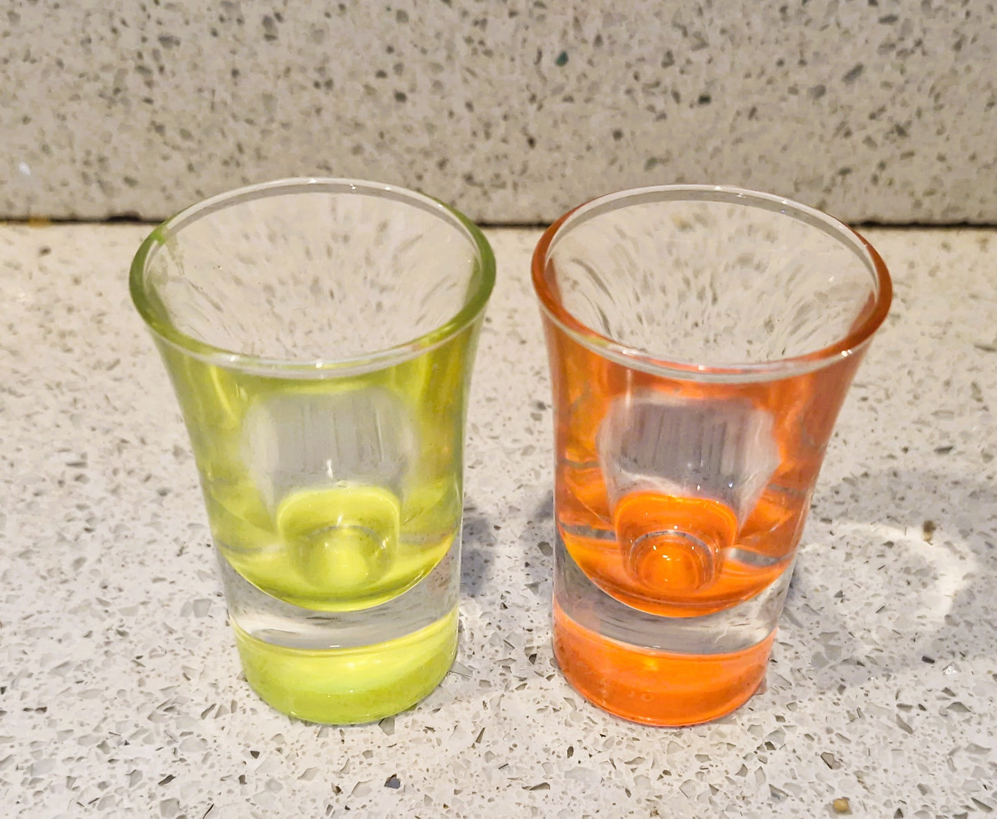 Vintage  Illuminous Orange and Yellow Shot glasses, Set of 2, Immaculate funny, Quirky, Made in Italy