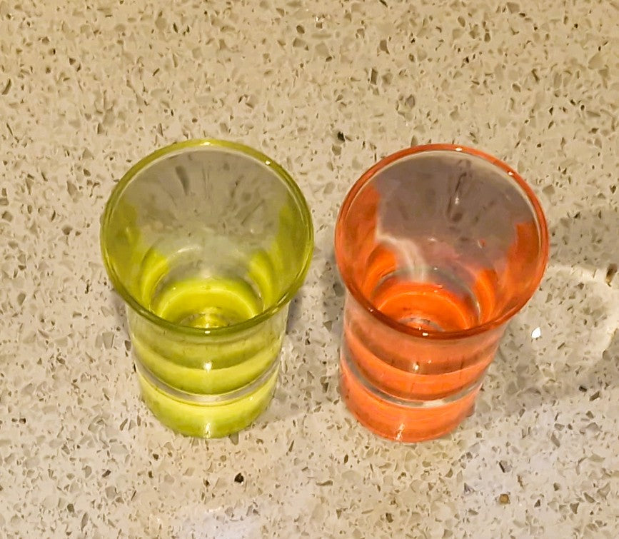 Vintage  Illuminous Orange and Yellow Shot glasses, Set of 2, Immaculate funny, Quirky, Made in Italy