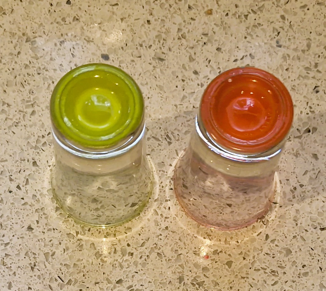 Vintage  Illuminous Orange and Yellow Shot glasses, Set of 2, Immaculate funny, Quirky, Made in Italy