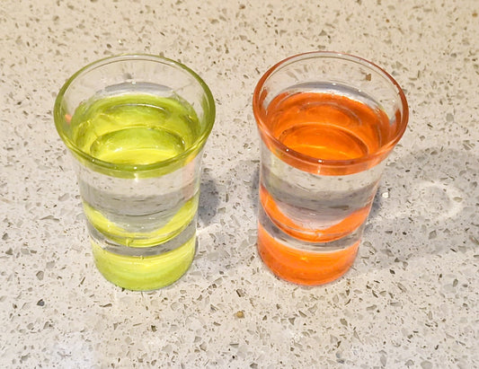 Vintage  Illuminous Orange and Yellow Shot glasses, Set of 2, Immaculate funny, Quirky, Made in Italy