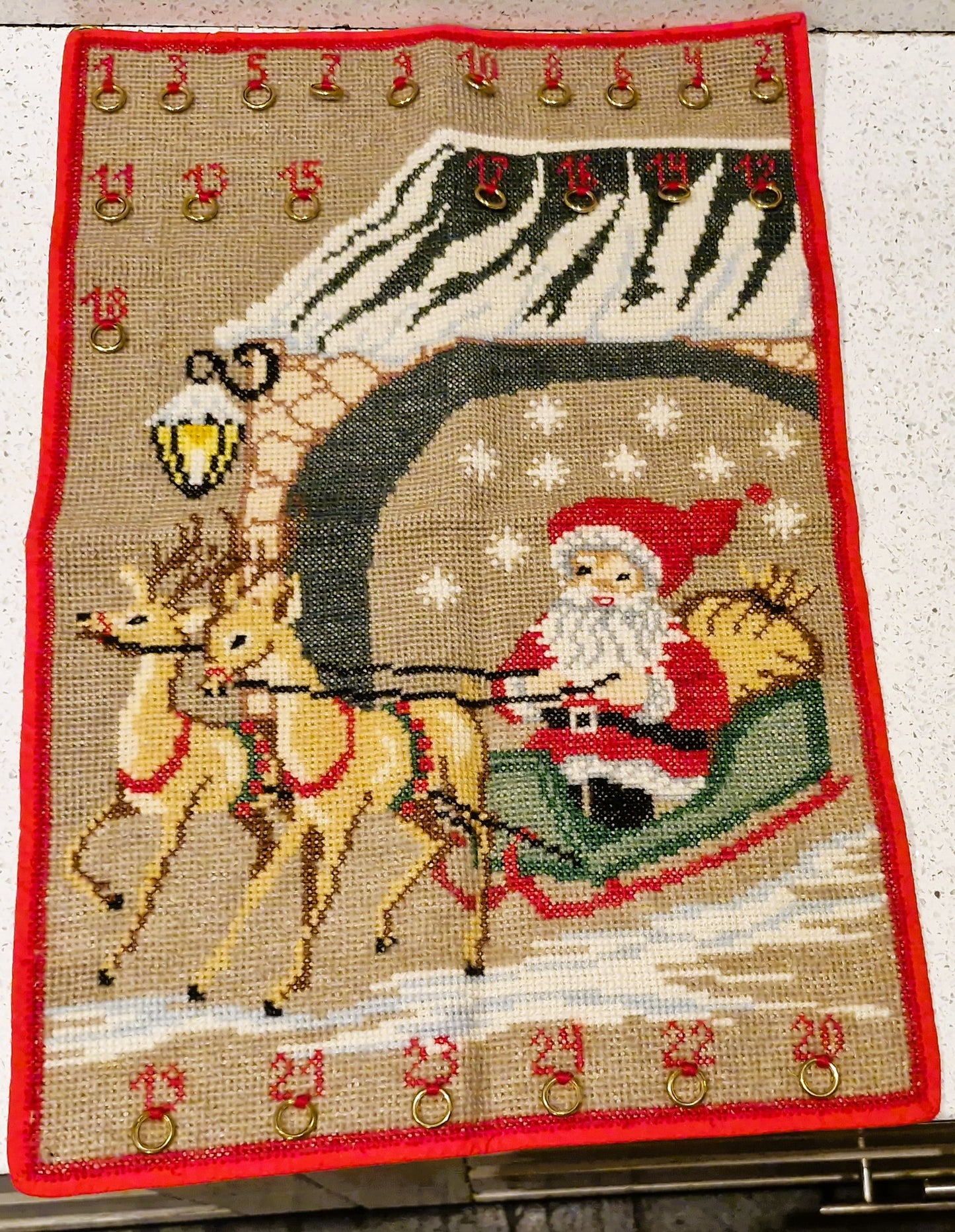 Vintage Handmade Embroidered Advent calender, Large, Unique. Hand Embriodered, Santa