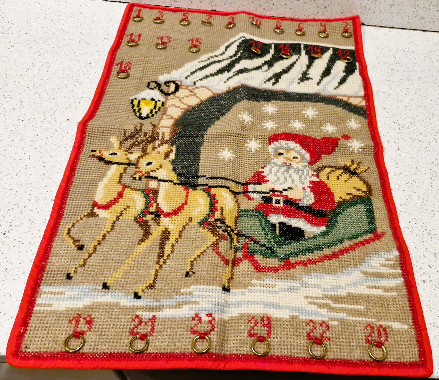 Vintage Handmade Embroidered Advent calender, Large, Unique. Hand Embriodered, Santa