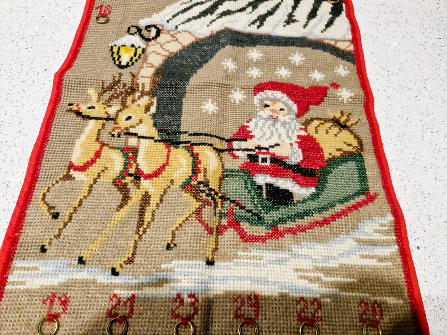 Vintage Handmade Embroidered Advent calender, Large, Unique. Hand Embriodered, Santa