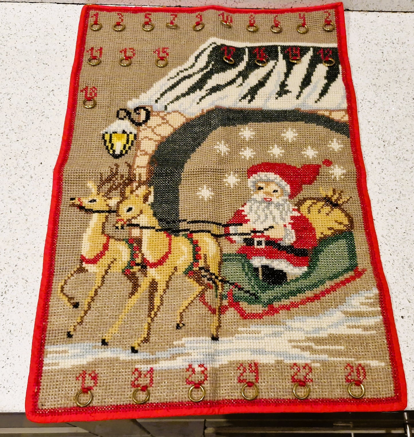 Vintage Handmade Embroidered Advent calender, Large, Unique. Hand Embriodered, Santa