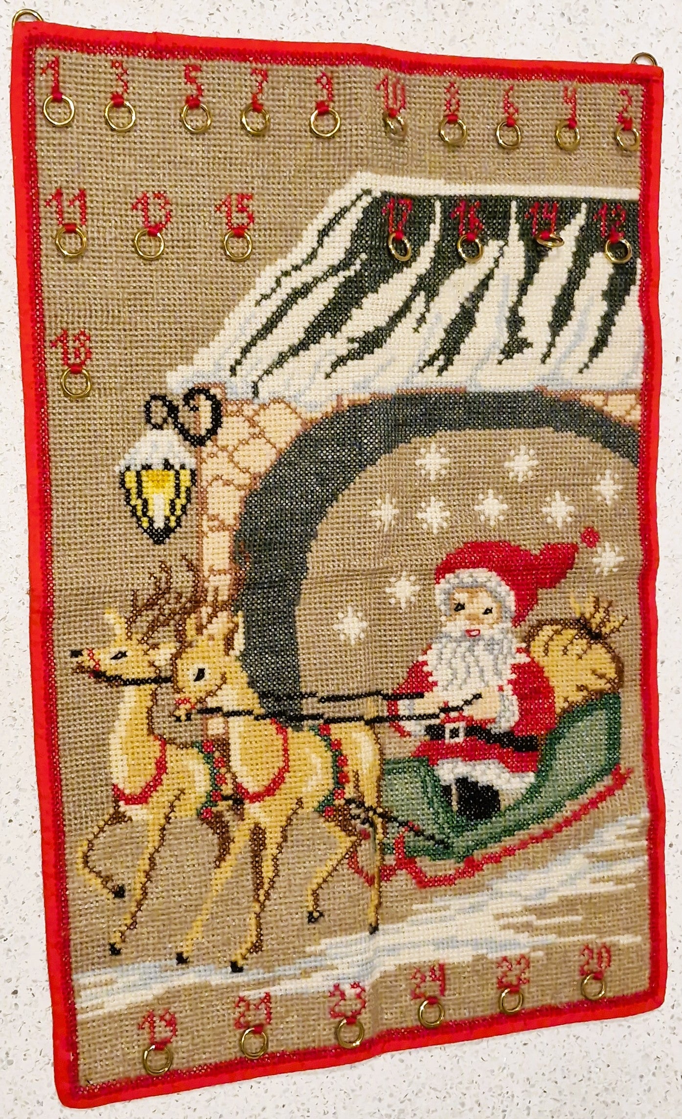 Vintage Handmade Embroidered Advent calender, Large, Unique. Hand Embriodered, Santa