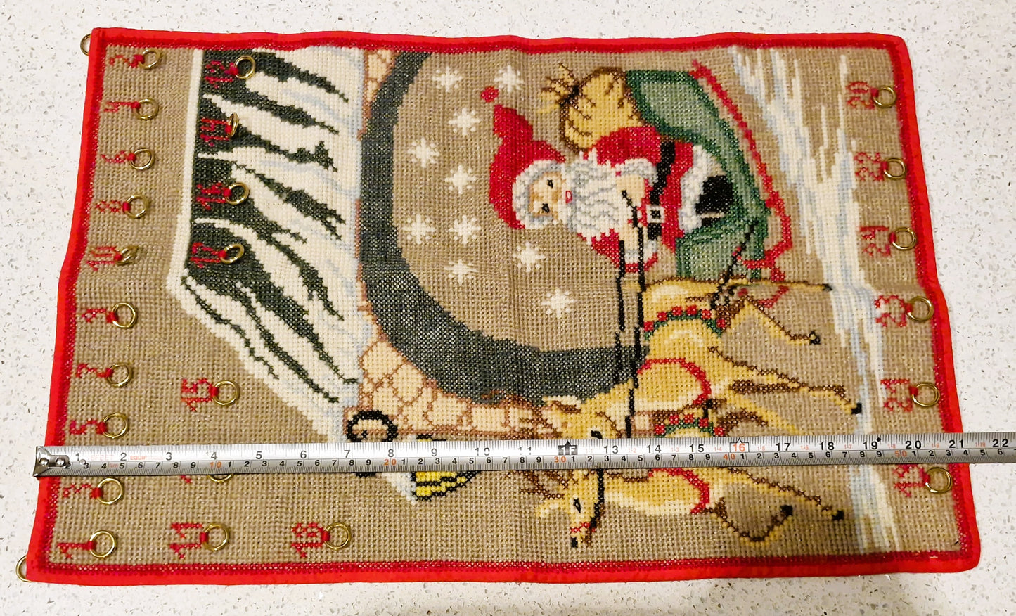 Vintage Handmade Embroidered Advent calender, Large, Unique. Hand Embriodered, Santa