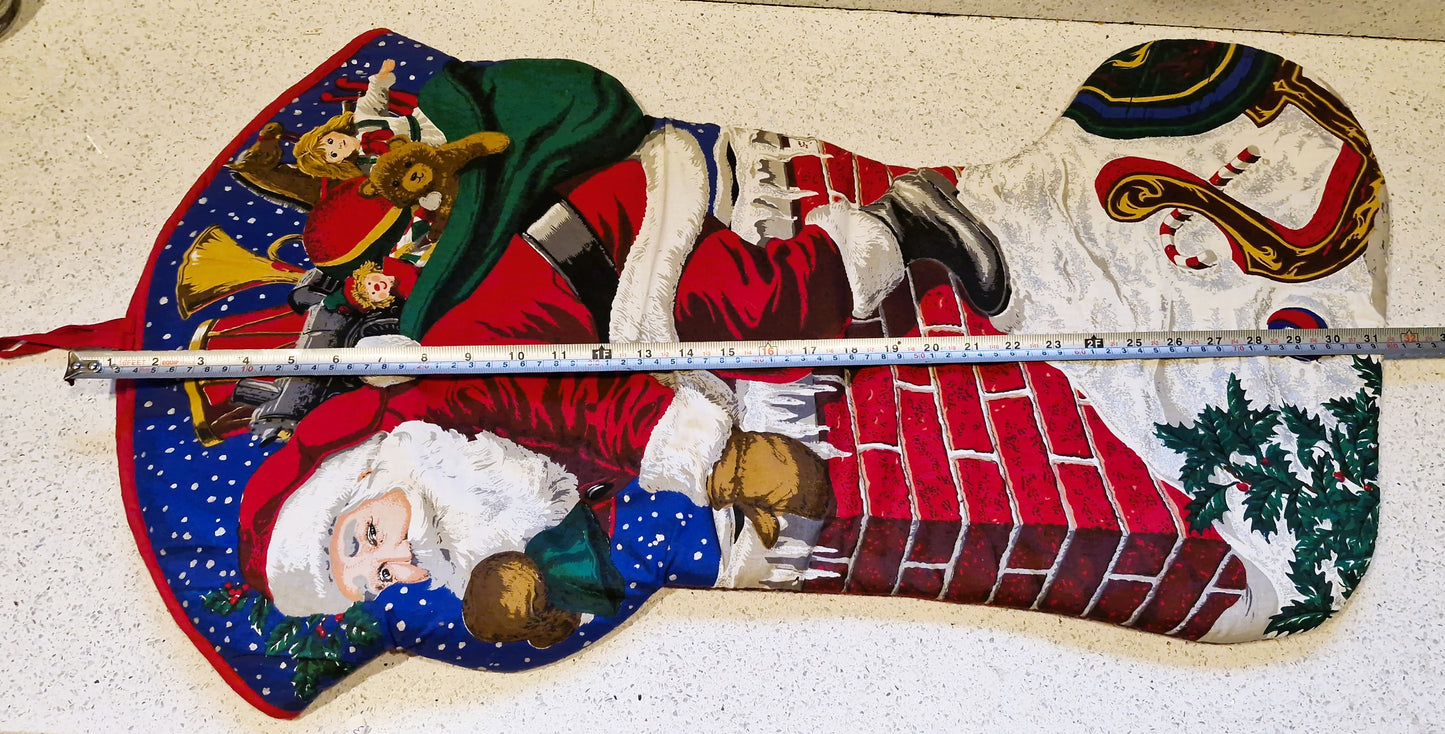 Large Vintage Christmas Stocking, Santa on Chimney, Handmade Christmas Stocking, Large Xmas Stocking, Vintage Christmas Stocking, RARE, 80s