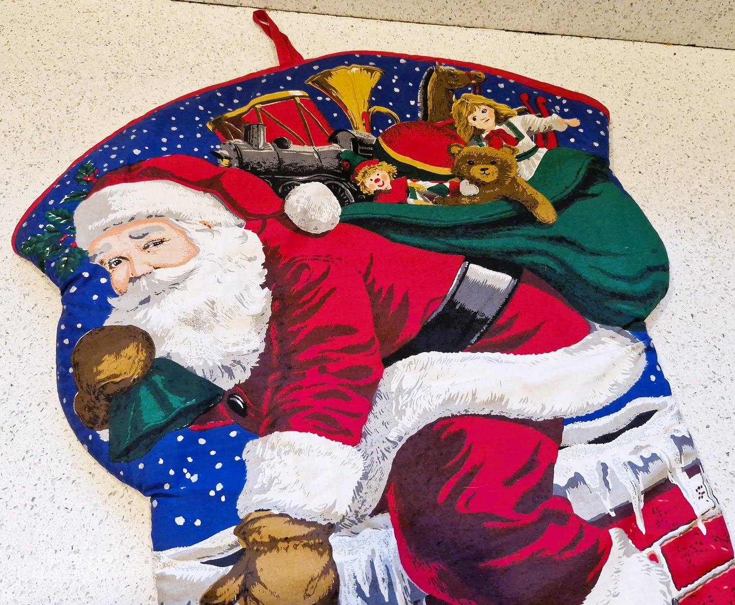 Large Vintage Christmas Stocking, Santa on Chimney, Handmade Christmas Stocking, Large Xmas Stocking, Vintage Christmas Stocking, RARE, 80s