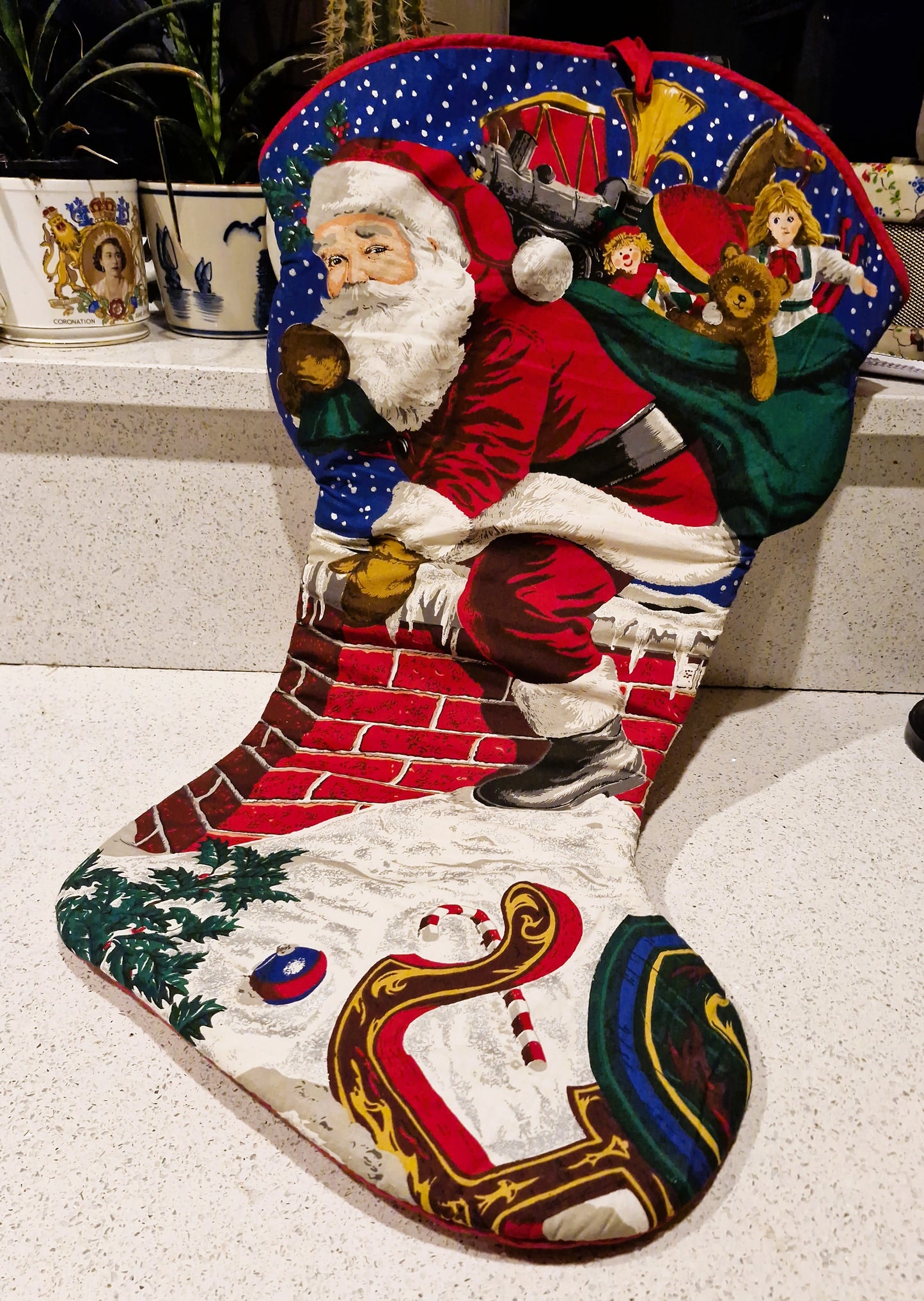 Large Vintage Christmas Stocking, Santa on Chimney, Handmade Christmas Stocking, Large Xmas Stocking, Vintage Christmas Stocking, RARE, 80s