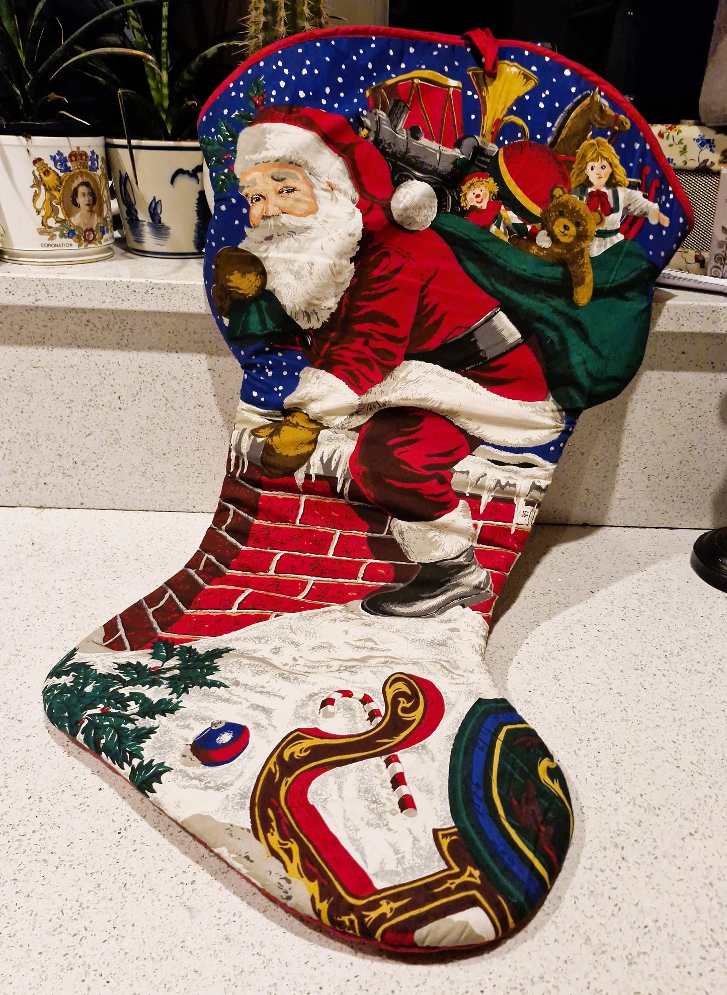 Large Vintage Christmas Stocking, Santa on Chimney, Handmade Christmas Stocking, Large Xmas Stocking, Vintage Christmas Stocking, RARE, 80s