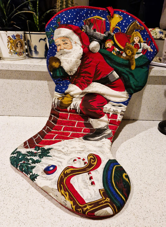 Large Vintage Christmas Stocking, Santa on Chimney, Handmade Christmas Stocking, Large Xmas Stocking, Vintage Christmas Stocking, RARE, 80s