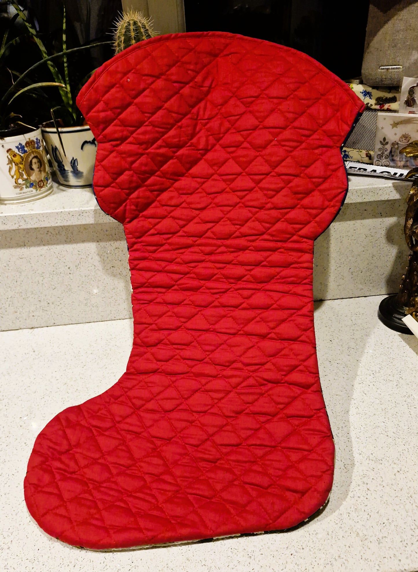 Large Vintage Christmas Stocking, Santa on Chimney, Handmade Christmas Stocking, Large Xmas Stocking, Vintage Christmas Stocking, RARE, 80s