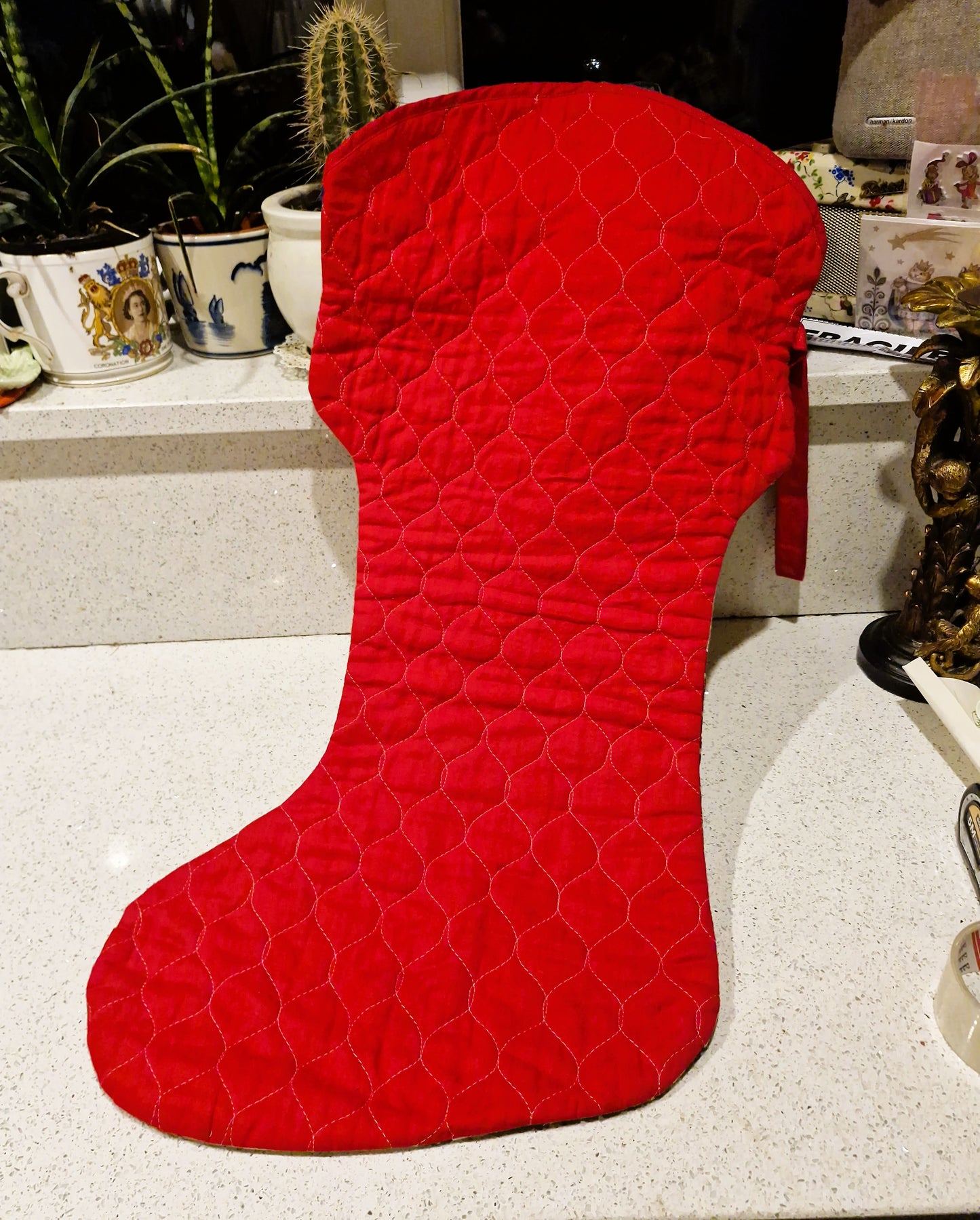 Large Vintage Christmas Stocking, Santa on Chimney, Handmade Christmas Stocking, Large Xmas Stocking, Vintage Christmas Stocking, RARE, 80s