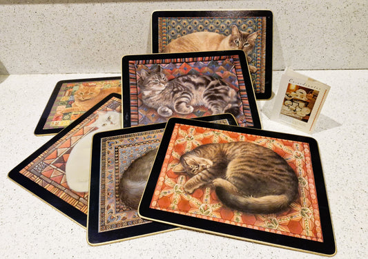 Cat Table Mats, Cat Placemats, Cork, Cloverleaf: Cat Art, Ivory Cats, Boxed, Vintage