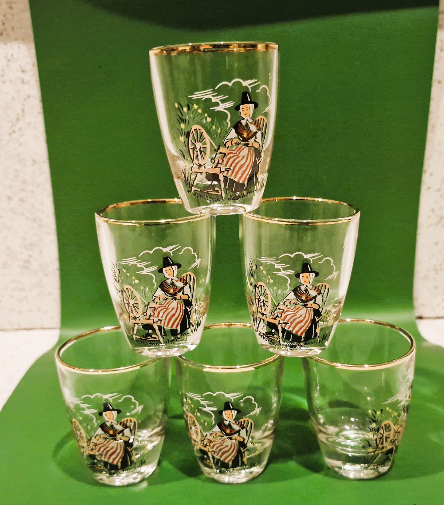 Boxed Vintage Set Of 6 Welsh Lady Shorts Glasses, Sherry Glasses, Welsh, Wales, Welsh Lady, Shot glasses, 1960s