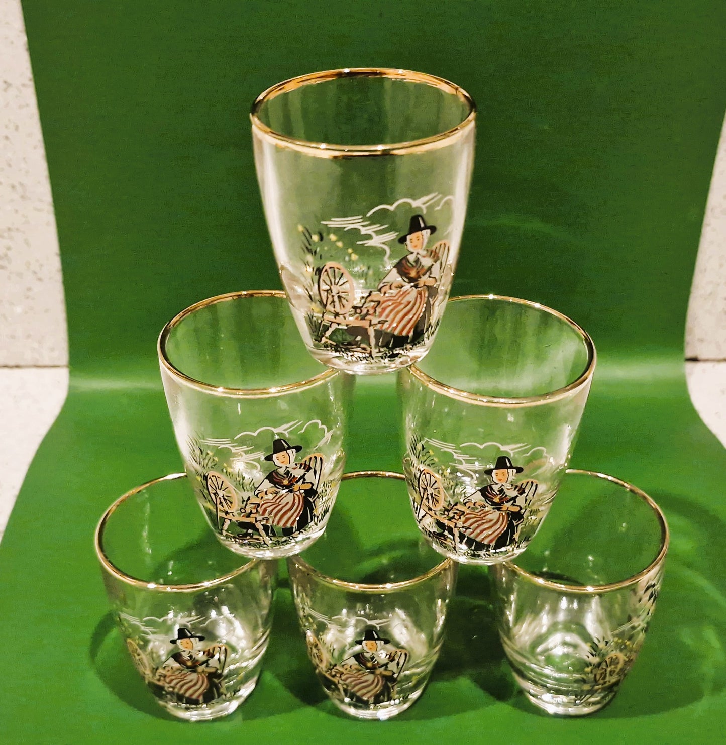 Boxed Vintage Set Of 6 Welsh Lady Shorts Glasses, Sherry Glasses, Welsh, Wales, Welsh Lady, Shot glasses, 1960s