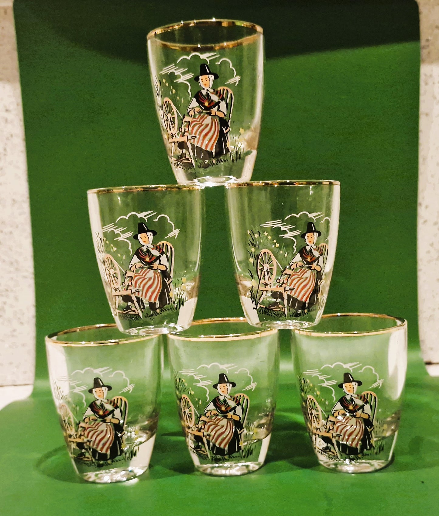 Boxed Vintage Set Of 6 Welsh Lady Shorts Glasses, Sherry Glasses, Welsh, Wales, Welsh Lady, Shot glasses, 1960s