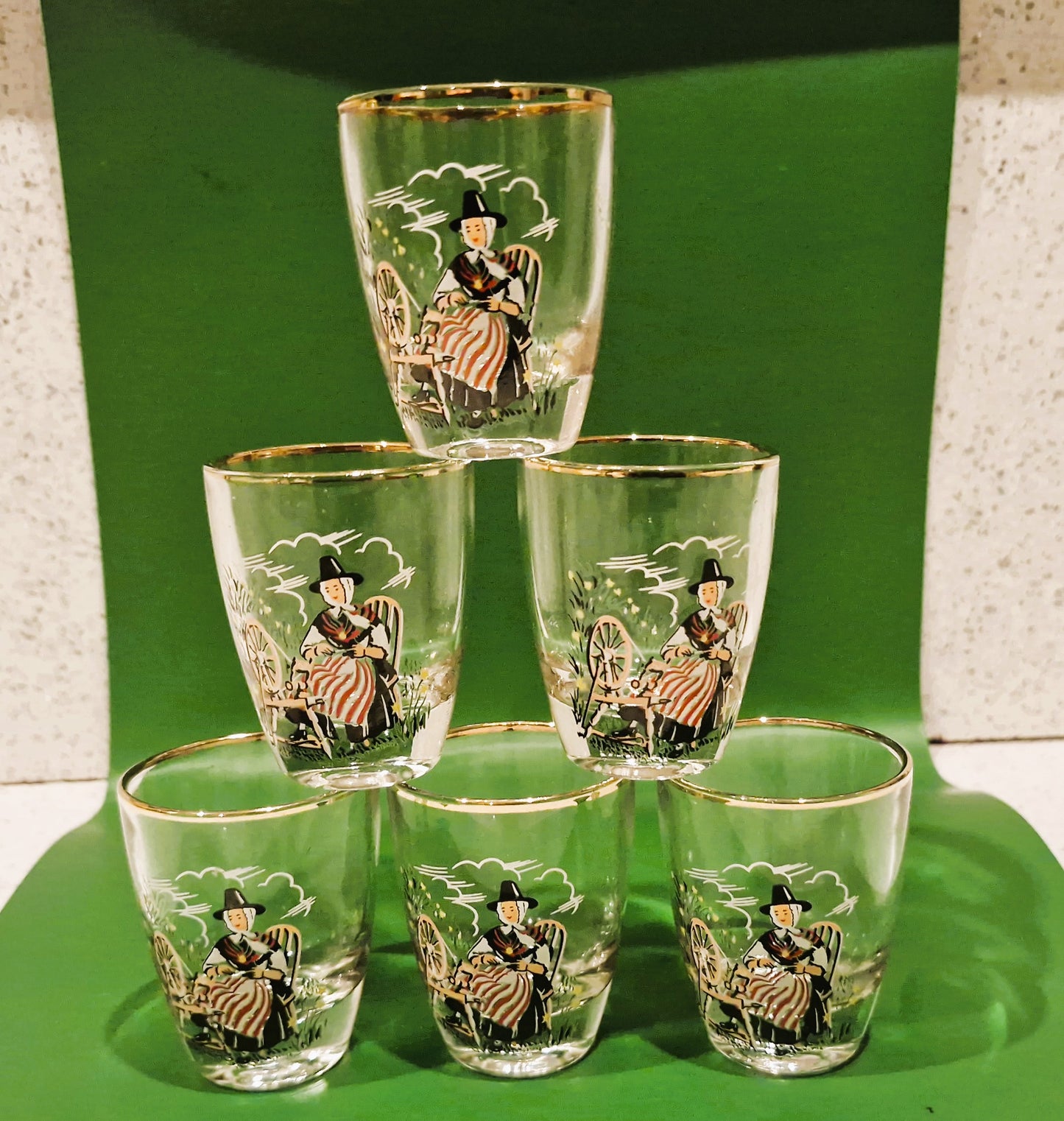 Boxed Vintage Set Of 6 Welsh Lady Shorts Glasses, Sherry Glasses, Welsh, Wales, Welsh Lady, Shot glasses, 1960s