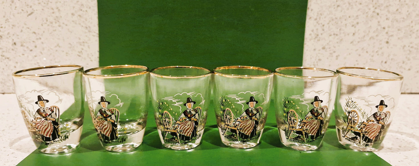 Boxed Vintage Set Of 6 Welsh Lady Shorts Glasses, Sherry Glasses, Welsh, Wales, Welsh Lady, Shot glasses, 1960s