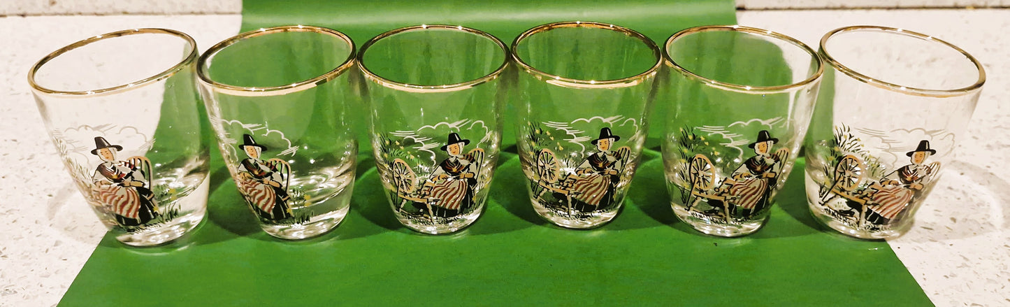 Boxed Vintage Set Of 6 Welsh Lady Shorts Glasses, Sherry Glasses, Welsh, Wales, Welsh Lady, Shot glasses, 1960s