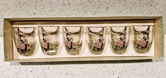 Boxed Vintage Set Of 6 Welsh Lady Shorts Glasses, Sherry Glasses, Welsh, Wales, Welsh Lady, Shot glasses, 1960s