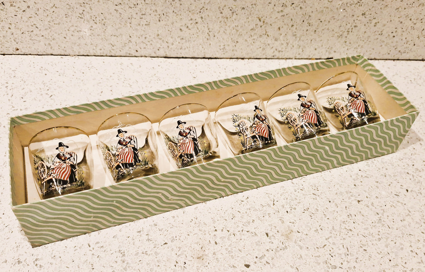 Boxed Vintage Set Of 6 Welsh Lady Shorts Glasses, Sherry Glasses, Welsh, Wales, Welsh Lady, Shot glasses, 1960s