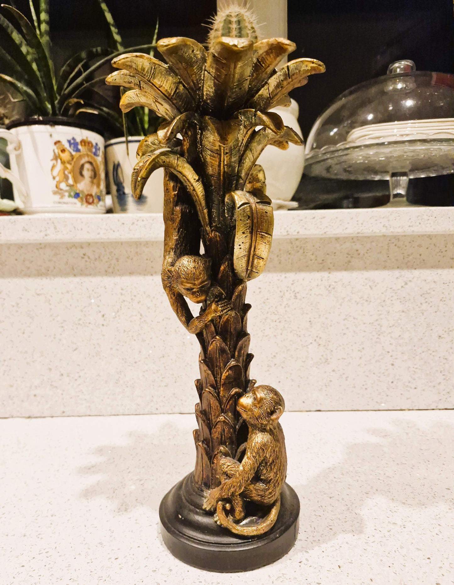 Large Monkey on Palm Tree Candle Holder, Monkies, Candlestick, Pillar Candle, Bronze, Gold, Approx 14 Inches