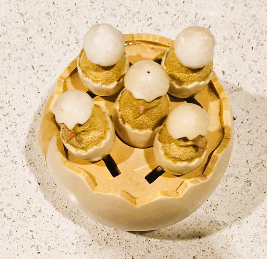 Vintage, Sagaform, Cracked Egg Teaspoons and Cracked Egg Teaspoon holder, with original Salt shaker Chick, Complete