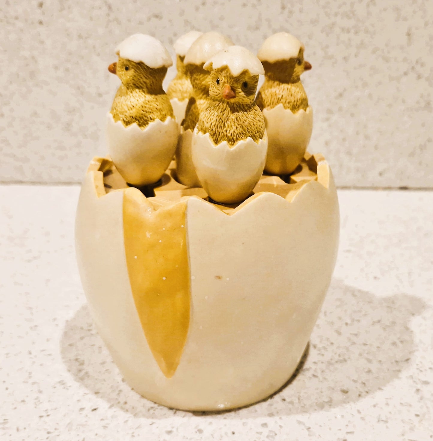 Vintage, Sagaform, Cracked Egg Teaspoons and Cracked Egg Teaspoon holder, with original Salt shaker Chick, Complete