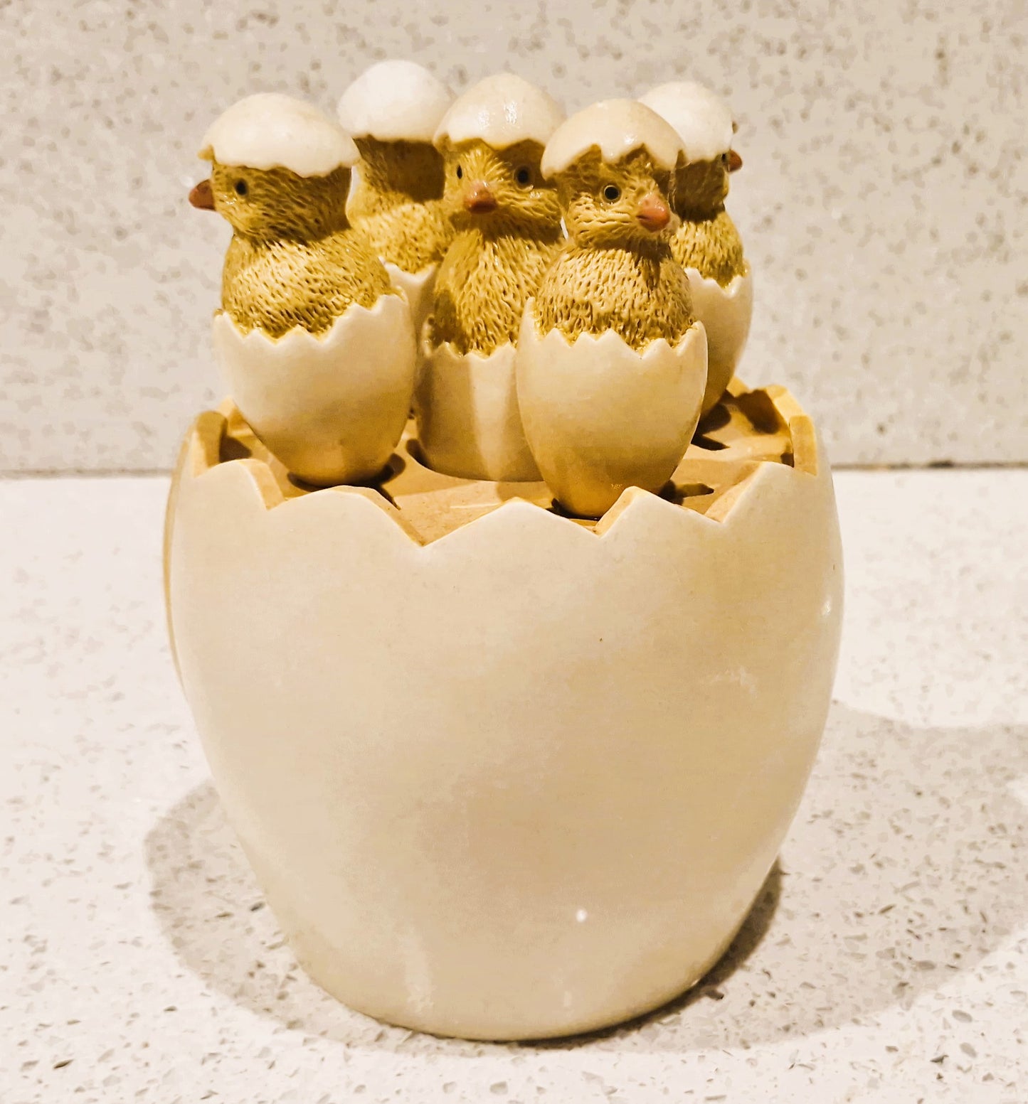 Vintage, Sagaform, Cracked Egg Teaspoons and Cracked Egg Teaspoon holder, with original Salt shaker Chick, Complete