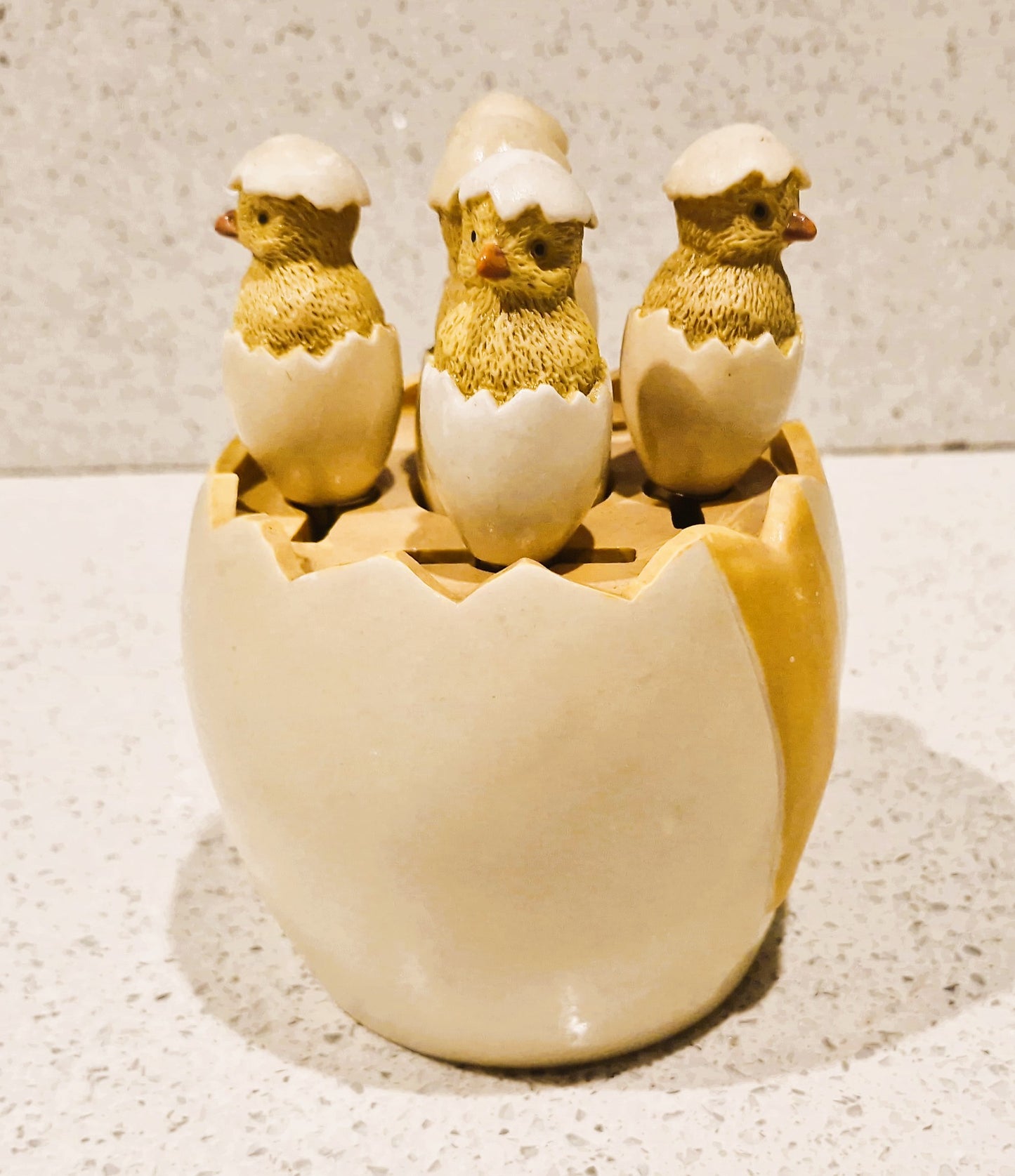 Vintage, Sagaform, Cracked Egg Teaspoons and Cracked Egg Teaspoon holder, with original Salt shaker Chick, Complete