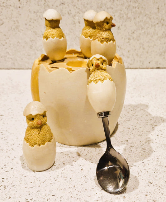 Vintage, Sagaform, Cracked Egg Teaspoons and Cracked Egg Teaspoon holder, with original Salt shaker Chick, Complete