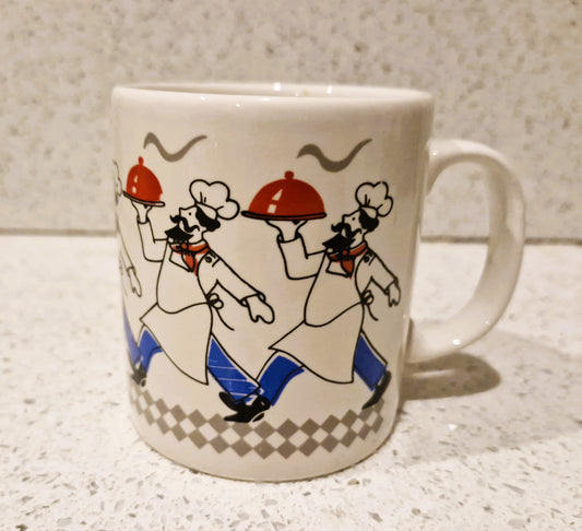 Vintage Chef Mug, Bon Appetit, Chefs carrying trays, 80s, 90s, Jolly Chef