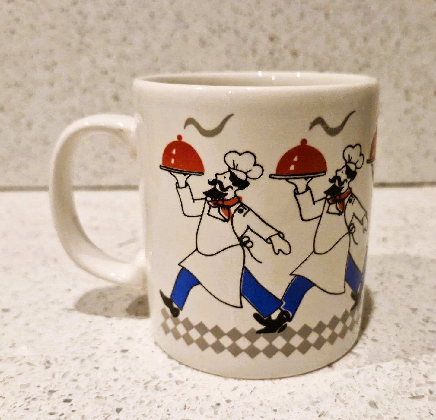 Vintage Chef Mug, Bon Appetit, Chefs carrying trays, 80s, 90s, Jolly Chef