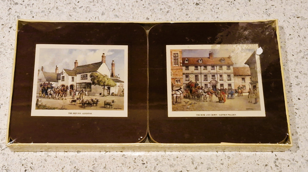 Cloverleaf Coasters, C24 Old Coaching Inns Boxed Set 6 Traditional Coasters, Historical Pubs E A Marsh England