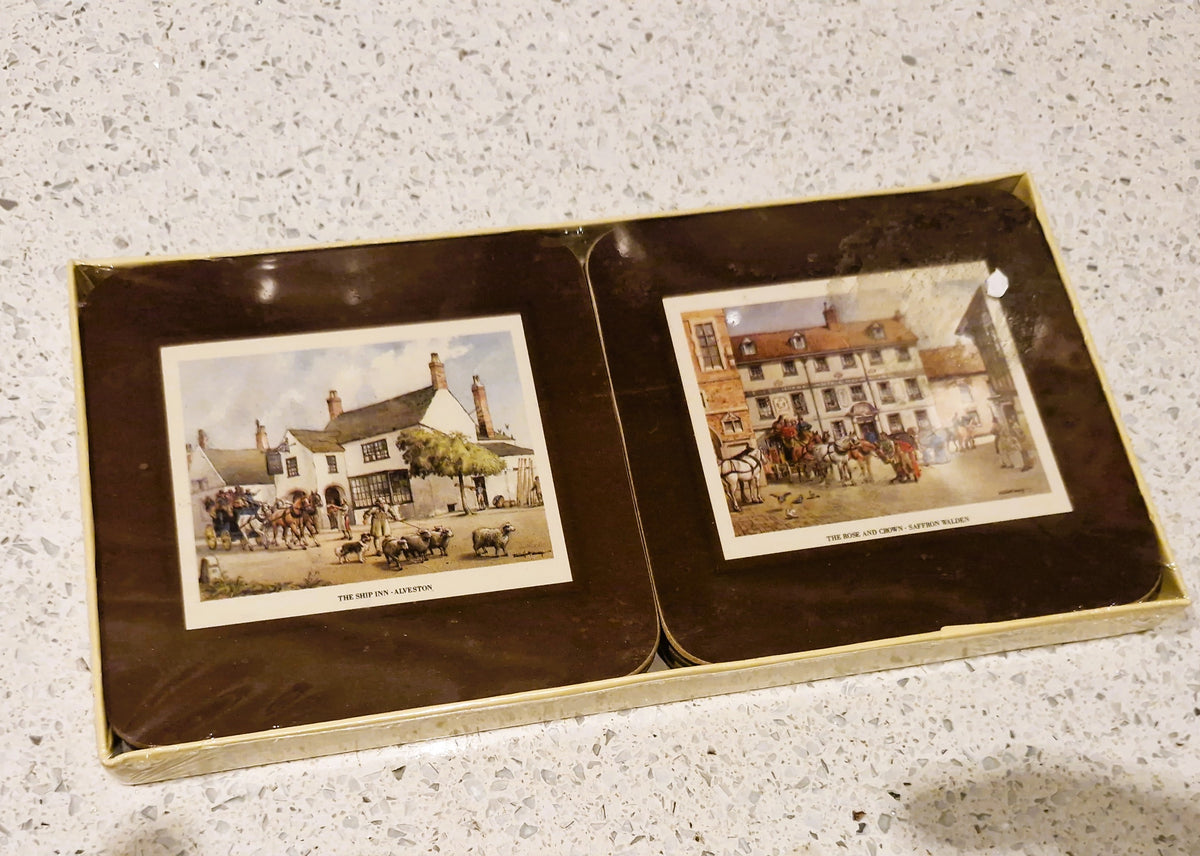 Cloverleaf Coasters, C24 Old Coaching Inns Boxed Set 6 Traditional Coasters, Historical Pubs E A Marsh England