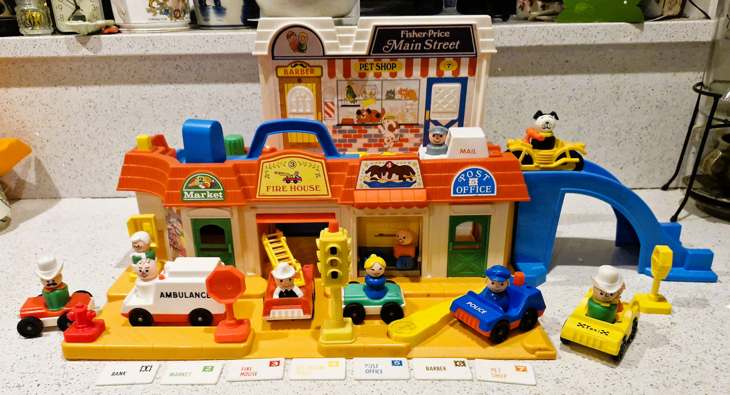 Vintage Fisher Price Main Street Set: Little People Town w/ Vehicles & Figures - BOXED