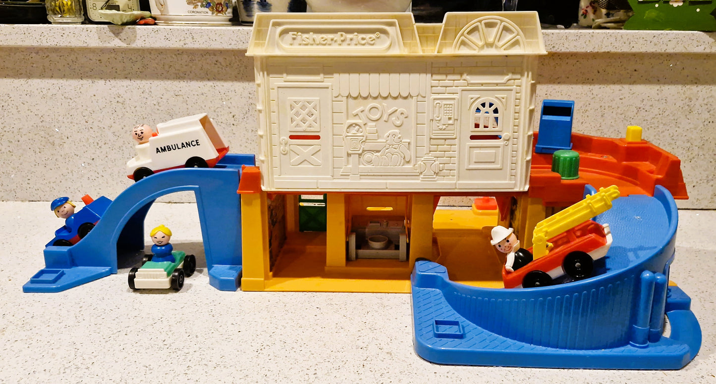 Vintage Fisher Price Main Street Set: Little People Town w/ Vehicles & Figures - BOXED