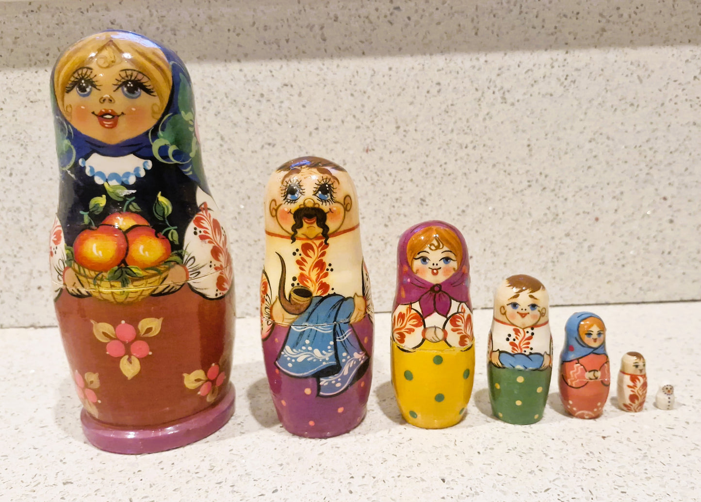 Vintage, Russian Dolls Set, Nesting Dolls set, Stacking Hand crafted Wooden, Set of 7, Hand Painted, Kitsch, Quirky