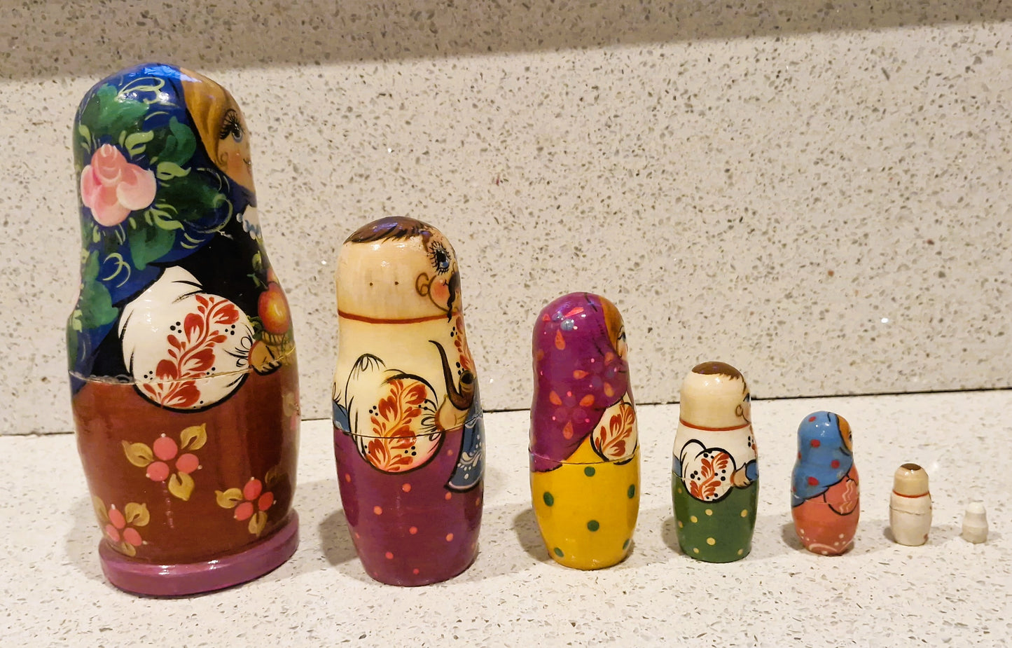 Vintage, Russian Dolls Set, Nesting Dolls set, Stacking Hand crafted Wooden, Set of 7, Hand Painted, Kitsch, Quirky