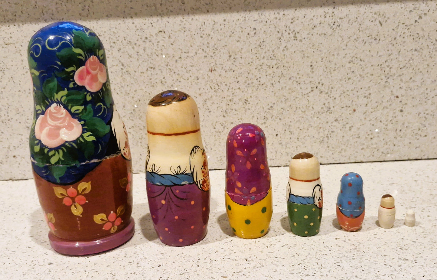 Vintage, Russian Dolls Set, Nesting Dolls set, Stacking Hand crafted Wooden, Set of 7, Hand Painted, Kitsch, Quirky