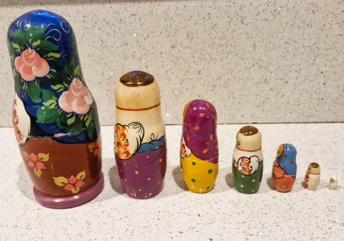 Vintage, Russian Dolls Set, Nesting Dolls set, Stacking Hand crafted Wooden, Set of 7, Hand Painted, Kitsch, Quirky