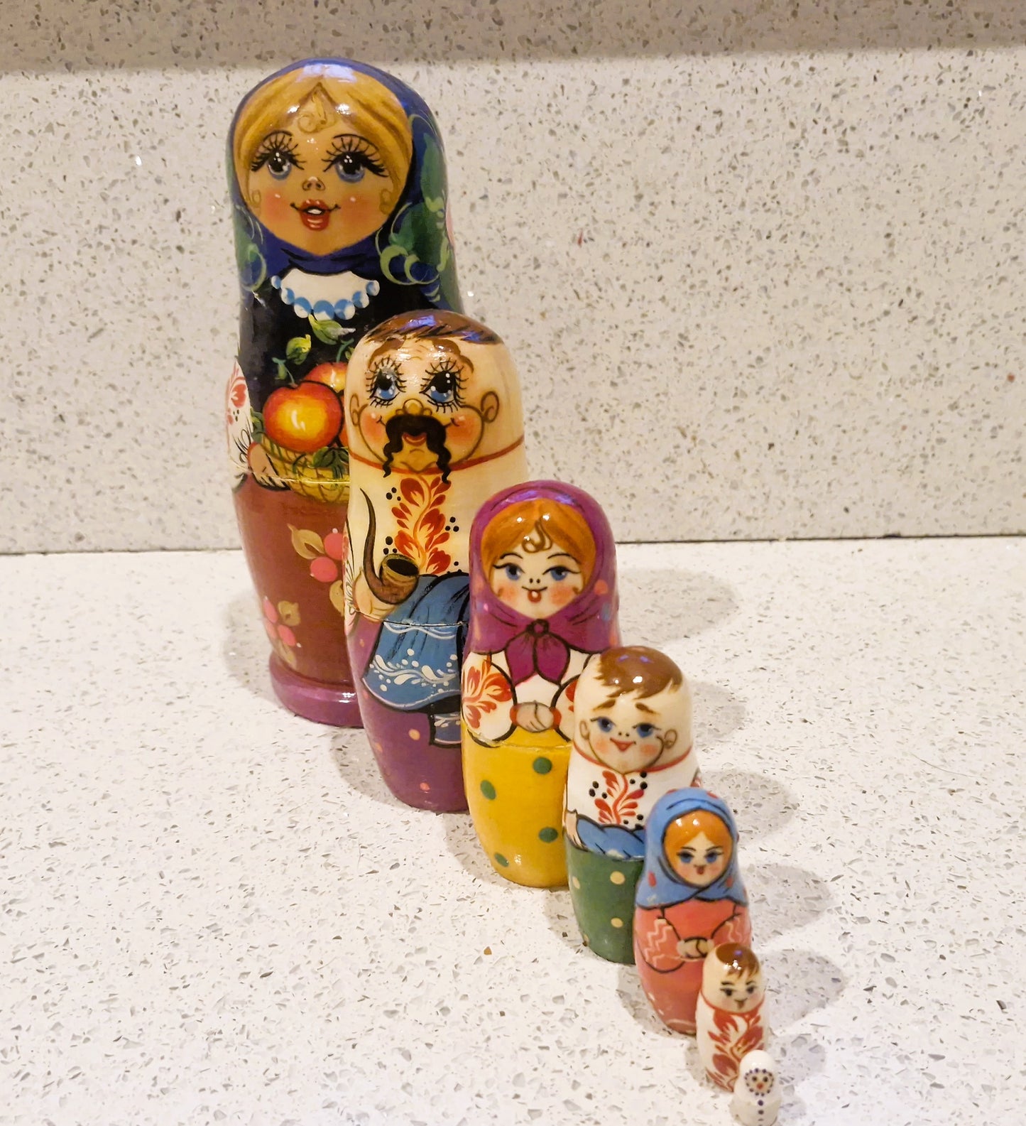 Vintage, Russian Dolls Set, Nesting Dolls set, Stacking Hand crafted Wooden, Set of 7, Hand Painted, Kitsch, Quirky