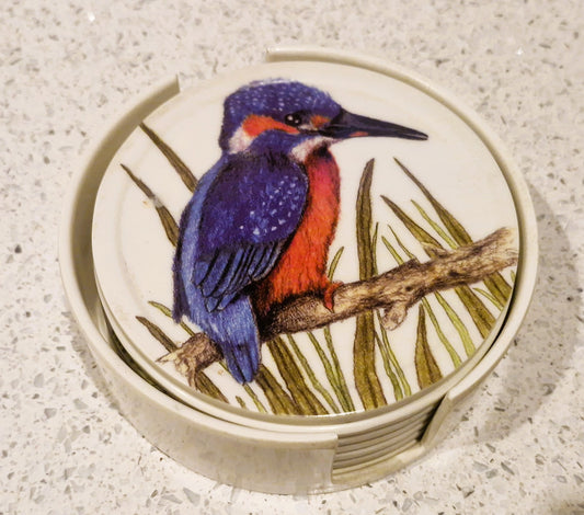 Set of Six Coasters, UK Garden Birds, with holder, Complete set of 6, 10cms 4"