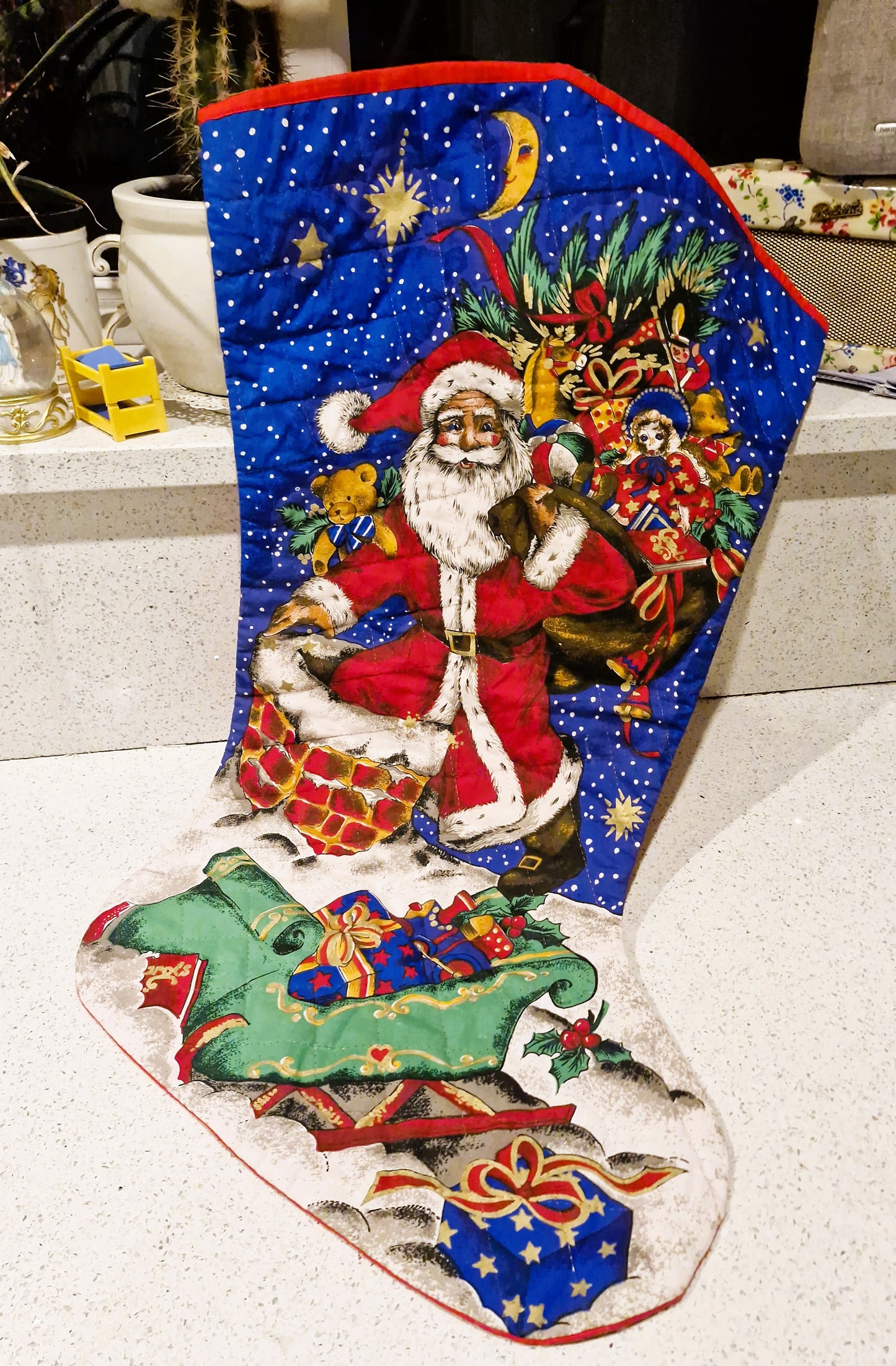 Quilted Large Christmas Stocking: Handmade Vintage Jumbo Xmas Sack, Huge, Santa
