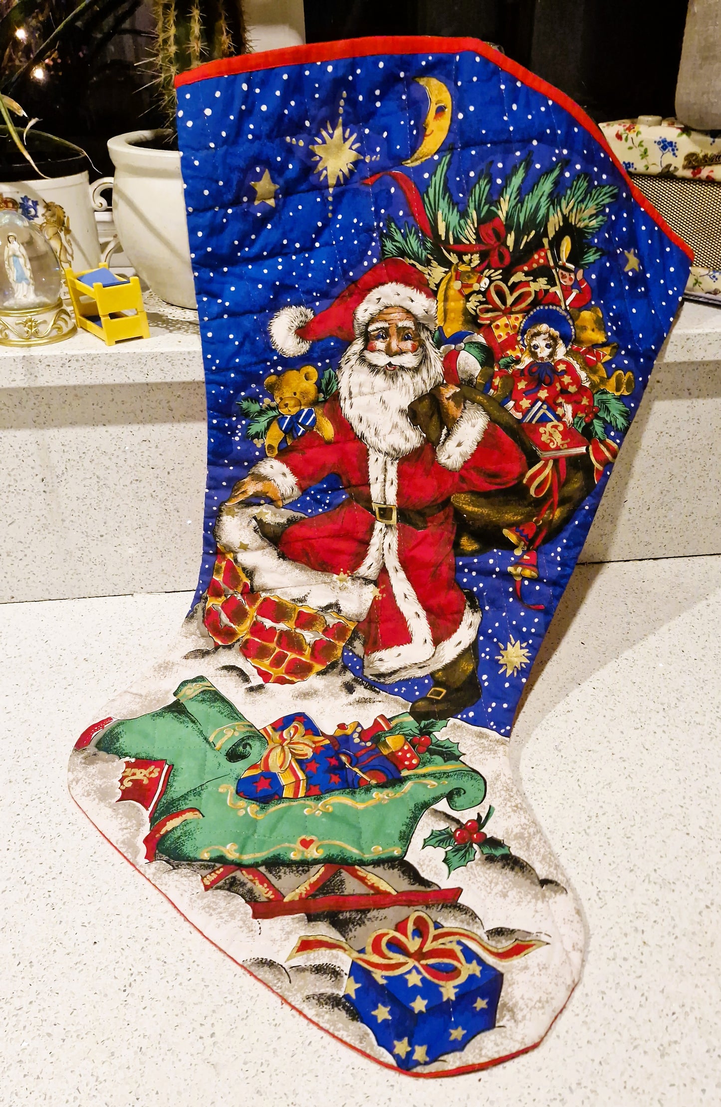Quilted Large Christmas Stocking: Handmade Vintage Jumbo Xmas Sack, Huge, Santa